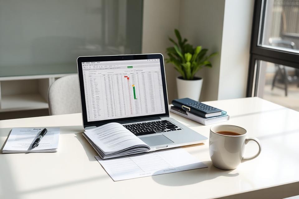 Accounting spreadsheets on a laptop beside stacked files