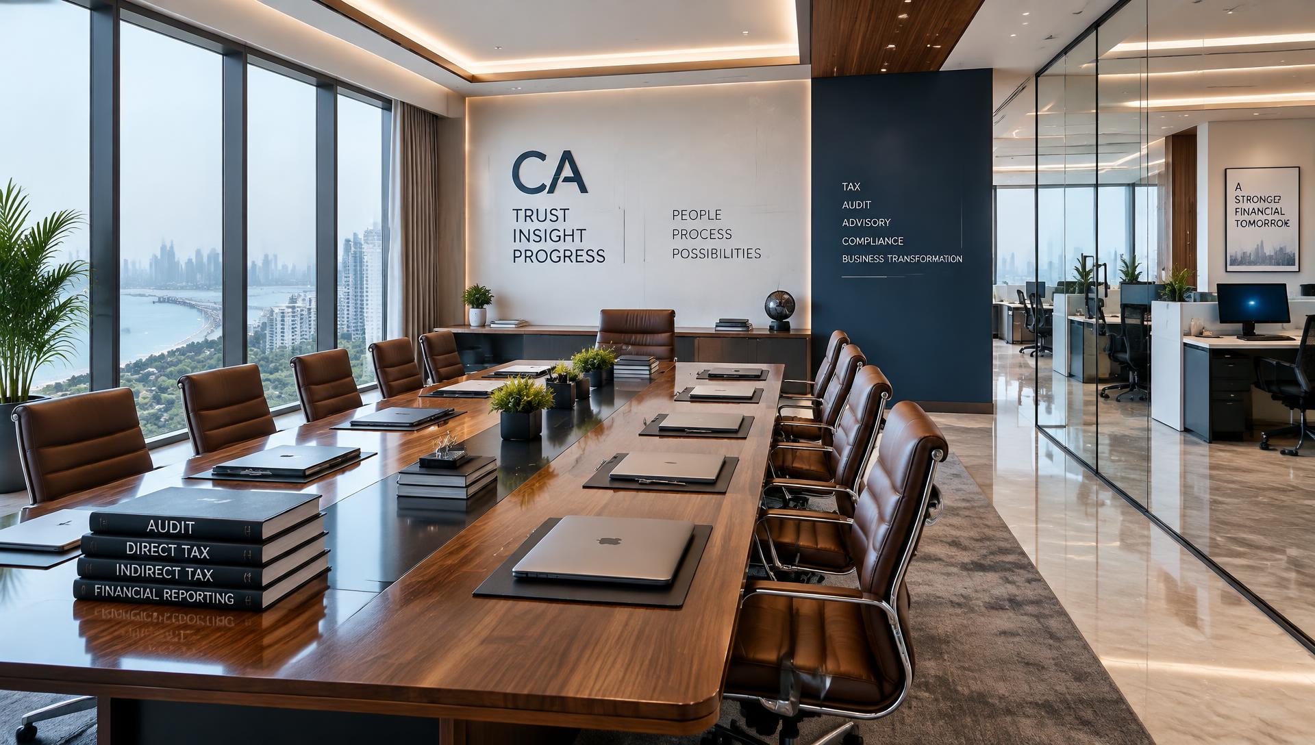The boardroom of a modern chartered accountancy office in Mumbai, with city views through floor-to-ceiling windows