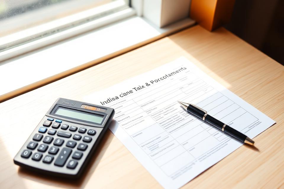 Income tax return papers, a pen and reading glasses on a desk