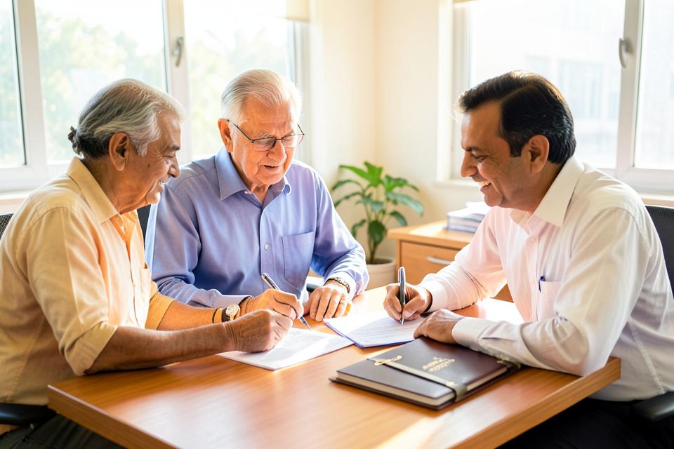 Two generations of a family reviewing succession documents with their adviser