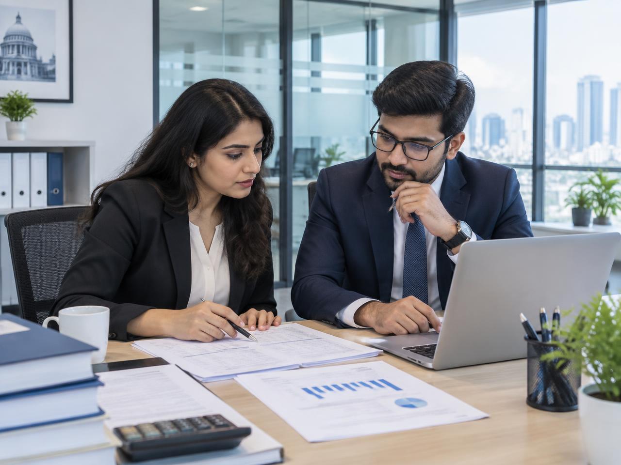 Two chartered accountancy professionals reviewing working papers together